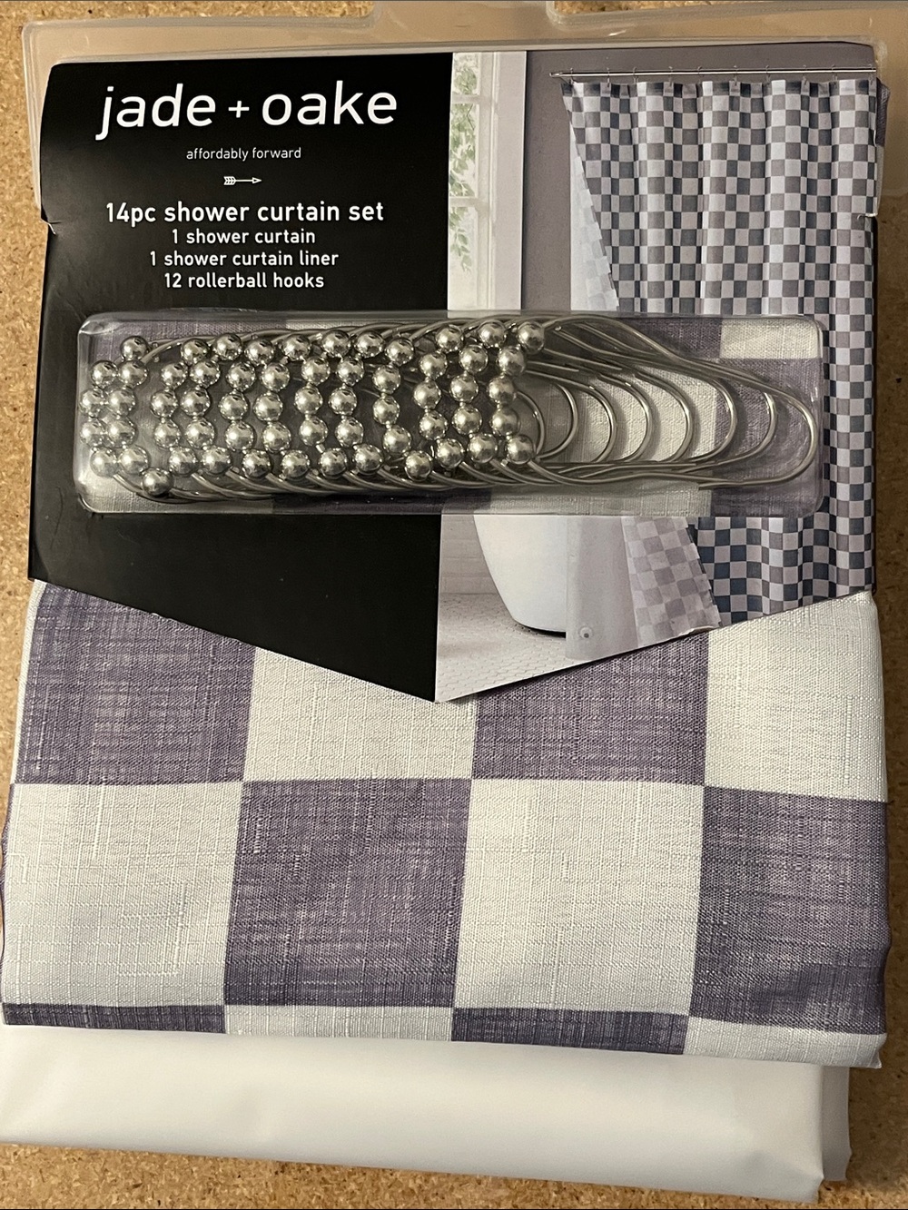 Gray Check Shower Curtain Set with Silver Hooks